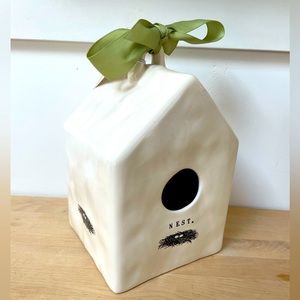 Vintage Rae Dunn 4 sided NEST icon birdhouse with green ribbon HTF